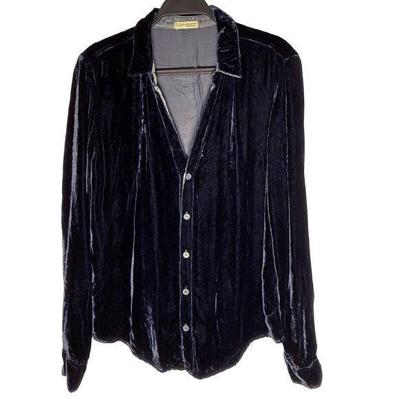 Free People x CP Shades Joss Velvet Velour Button Up Top Blouse Tunic Dark Blue - Picture 2 of 10